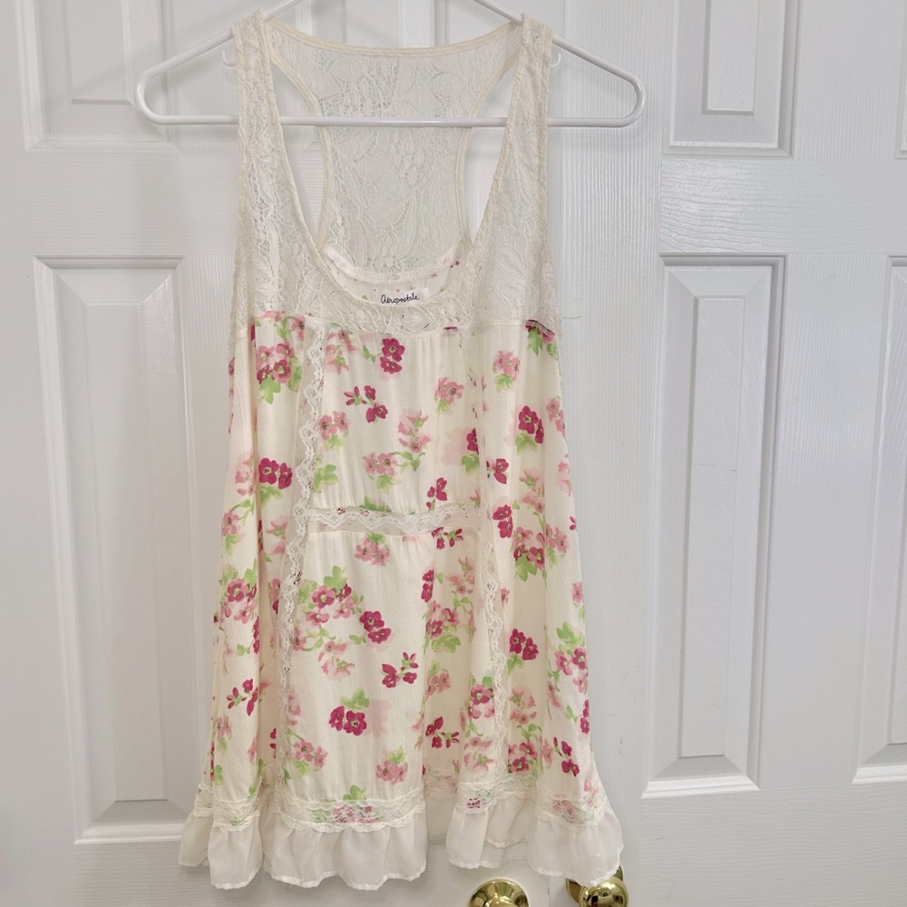 Aeropostale Cream & Pink Floral Lace Trim Racerback Babydoll Y2K Tunic Sz Medium